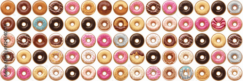 Vector sheet of various donuts with flavors like chocolate, vanilla, and strawberry – Ideal for food blogs, bakery advertising, or sweet treat marketing.