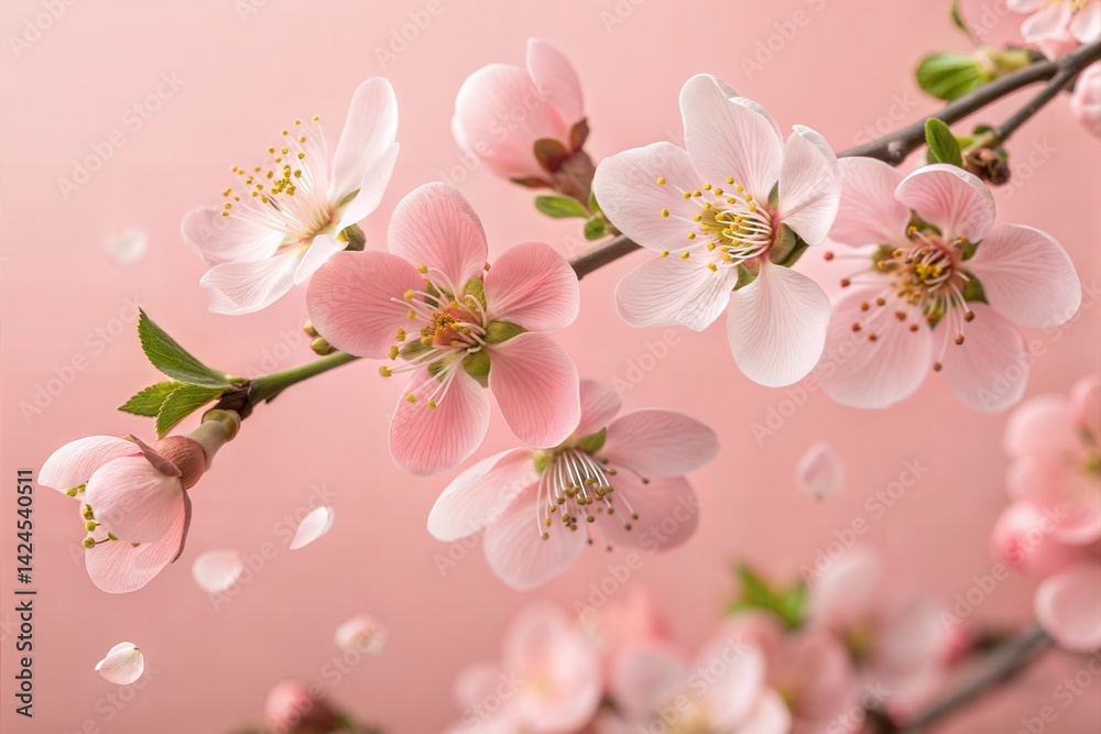 Fototapeta premium Delicate Pink Quince Blossoms Floating on Soft Pink Background 