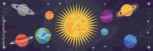 Vector sheet of planets orbiting a yellow sun with starry background