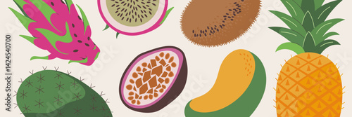Vector sheet icons of exotic fruits ranging from dragon fruit to kiwi, passion fruit and pineapple