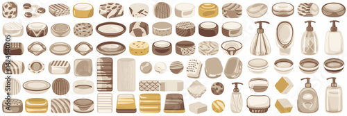 Vector sheet with various soap elements, including bars, dishes, dispensers, and a sponge – Great for personal care, hygiene branding, or wellness-related content.