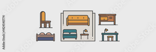 Vector illustration of a sheet with minimalist furniture icons – Great for digital design projects, interior design apps, or simplified home decor guides.