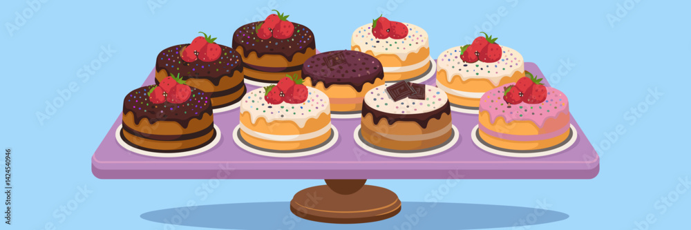 Vector illustration of a sheet with chocolate, vanilla, and strawberry cakes – Perfect for dessert menus, bakery promotions, or food-related content. Vector illustration of a sheet with chocolate, vanilla, and strawberry cakes – Perfect for dessert menus, bakery promotions, or food-related content.