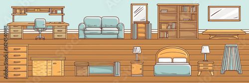 Vector sheet of various furniture including desk, chair, couch, coffee table, bookshelf, bed, dresser, and nightstand in a light blue room