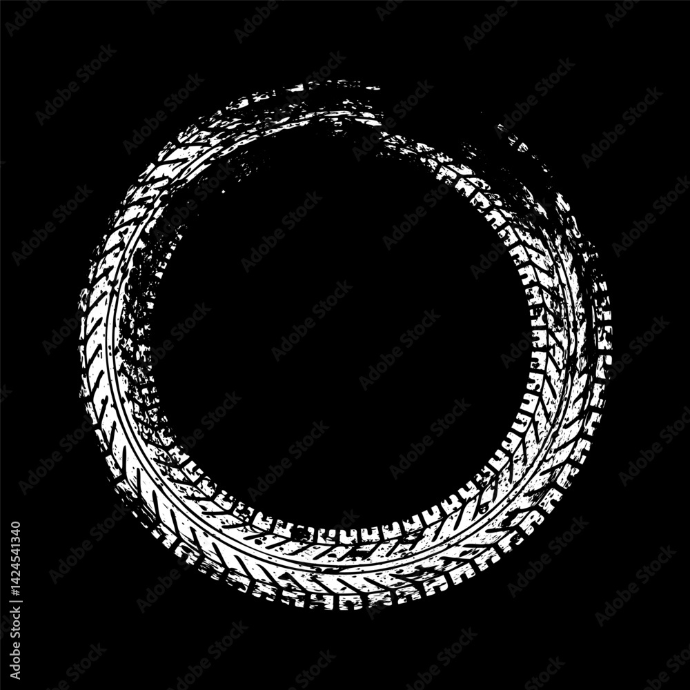 Grunge circle tire track, wheel braking mark. Truck, car or motorcycle tread pattern silhouettes. Auto race, motorsport, speed racing design element. Vector illustration