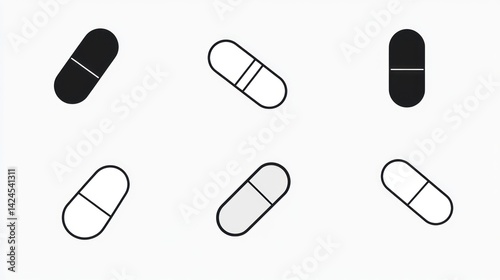 Six capsule icons; various colors, angles; white background; medical illustration