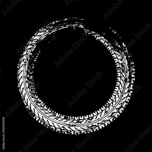 Obraz na płótnie Grunge circle tire track, wheel braking mark. Truck, car or motorcycle tread pattern silhouettes. Auto race, motorsport, speed racing design element. Vector illustration w salonie
