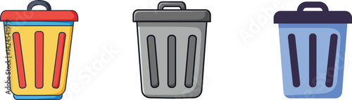 Colorful Trash Bin Icon Set – Flat Cartoon Style Vector Illustration