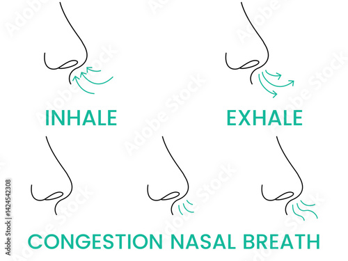 breathing exercise, inhale, exhale, Congestion nasal breath, respiratory problem, vector, illustration, customizable stroke
