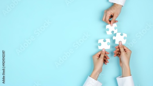 Hands Connecting White Puzzle Pieces on Blue Background. Business solutions, success and strategy