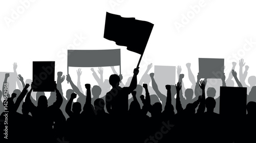 Silhouette of crowd of people with hands in the air holding banners and flags - protesters on demonstration, revolution, sport fans, celebration vector illustration