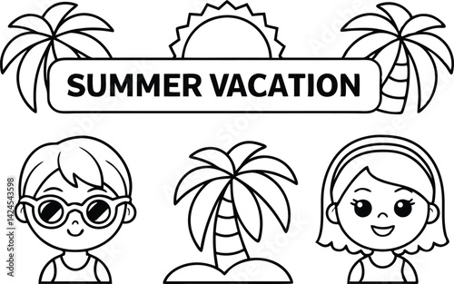Summer Vacation Text with Palm Trees, Sun, Little Boy, Girl Isolated on White