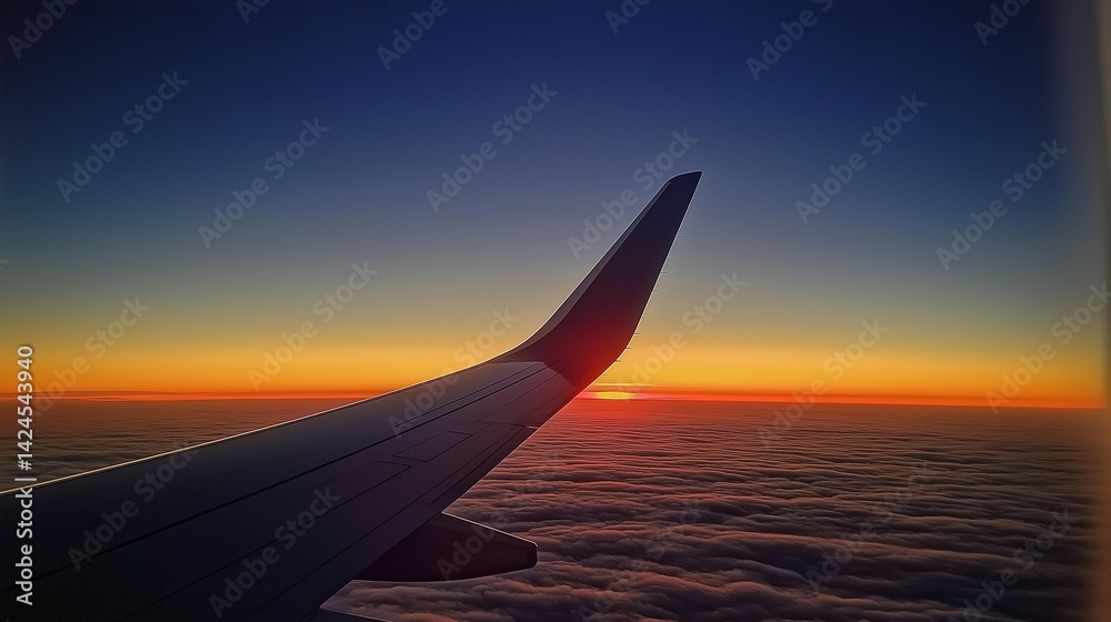 Airplane Wing and Tail at Sunset Over Clouds, Interior Cabin View with Warm Color Gradient Aviation Theme Airplane Wing and Tail at Sunset Over Clouds, Interior Cabin View with Warm Color Gradient Aviation Theme