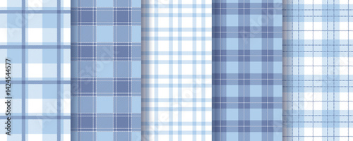 Plaid check pattern. Seamless background. Gingham shirt prints. Tartan fabric cloth. Lumberjack tablecloth. Set blue purple backdrops. Flannel texture. Geometric Vichy textile. Vector illustration