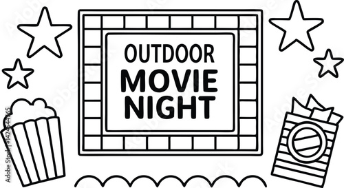 Outdoor Movie Night Text with Stars, Popcorn, and Snacks Line Art Design