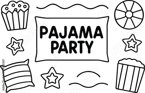 Pajama Party Text with Cupcake, Pillow, Star, Wheel Outline on White Backdrop