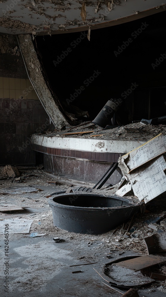 Decaying Grandeur: A Glimpse into an Abandoned Theater's Ruined Interior Decaying Grandeur: A Glimpse into an Abandoned Theater's Ruined Interior