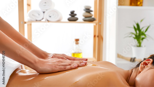 Obraz na płótnie Woman receives relaxing back massage with oil from therapist hands at luxury spa. Body care, wellness treatment, relaxation concept. w salonie