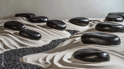 Tranquil Zen Garden with Smooth Rocks and Textured Sand Patterns