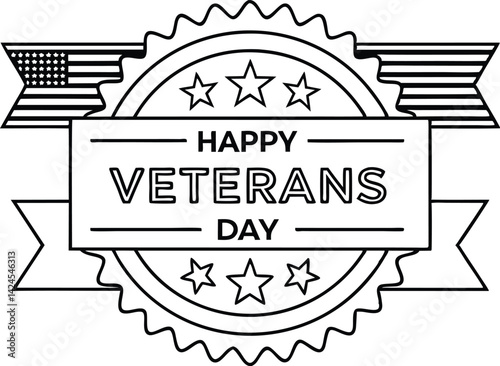 Black outlined veterans day with stars and flag on white