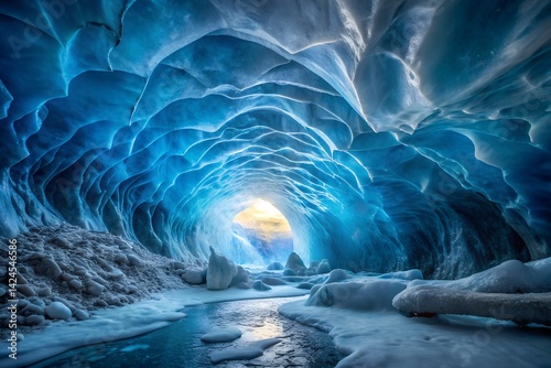 An Ice Cave with Glowing Blue Walls and Intricate Textures

 photo