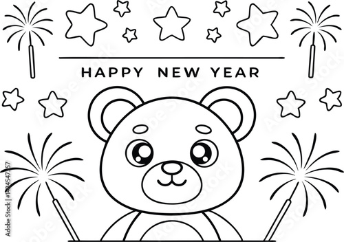 Happy New Year with Teddy Bear, Stars, and Sparklers on White Background