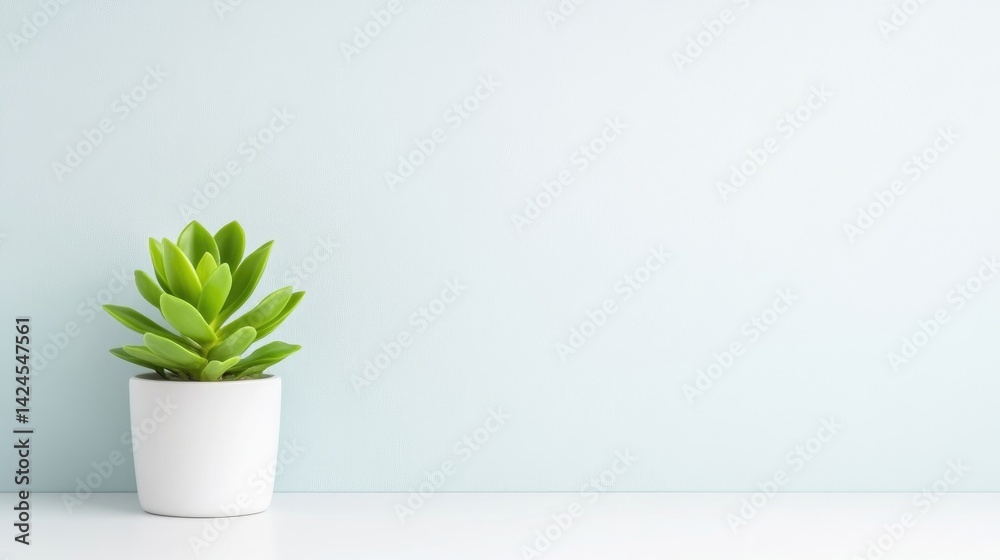 A small green succulent plant in a white pot sitting on a minimalist white shelf against a soft pastel blue wall, and simple and modern interior decor concept. A small green succulent plant in a white pot sitting on a minimalist white shelf against a soft pastel blue wall, and simple and modern interior decor concept.