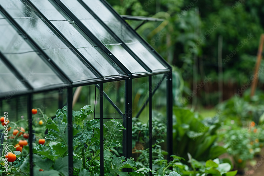 Tomatoes and squash thriving inside a backyard greenhouse, keeping dry on a rainy day Tomatoes and squash thriving inside a backyard greenhouse, keeping dry on a rainy day