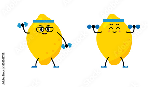 Barbell, Dumbbells. A cute, strong Lemon. The concept of classes in the gym with the image of Lemon, health, fitness. Vector illustration in flat style.