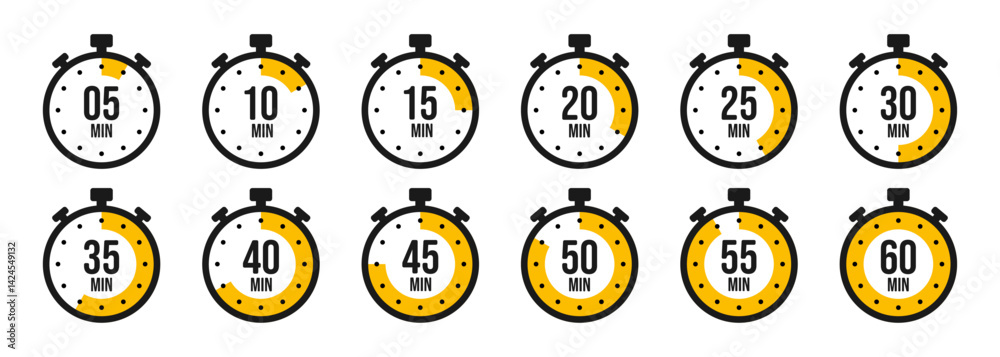 Stopwatch icons. Colorful simple chronometer, time counter with dial. Countdown timer showing hours and minutes. Deadline, measurement for sport. Cooking time label, sticker. Vector illustration