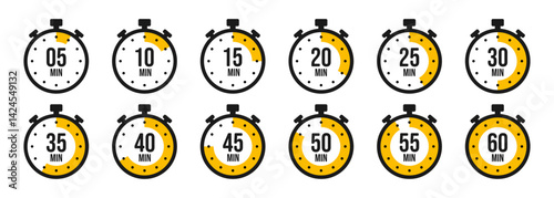 Obraz na płótnie Stopwatch icons. Colorful simple chronometer, time counter with dial. Countdown timer showing hours and minutes. Deadline, measurement for sport. Cooking time label, sticker. Vector illustration w salonie