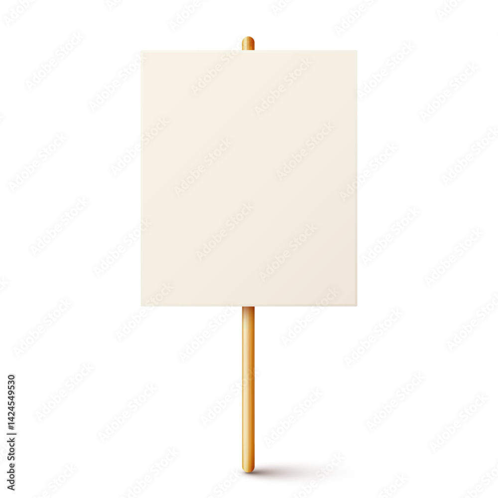 Blank colorful protest sign with wooden holder. Demonstration banner. Strike action cardboard placard mockup. Social advertisement. Vector illustration