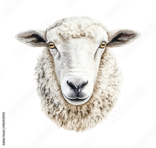 Close-up of a sheep's face with fluffy wool and alert eyes, cut out - stock png.