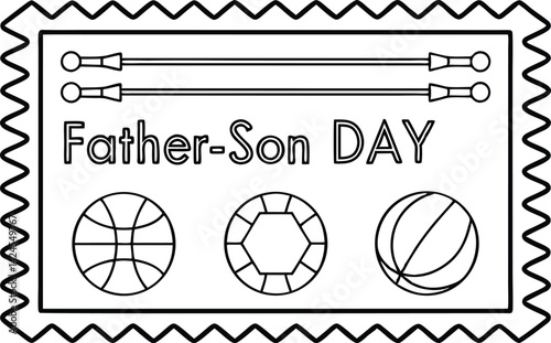 FatherSon Day black outline card with baseball, gemstone, & fishing rods
