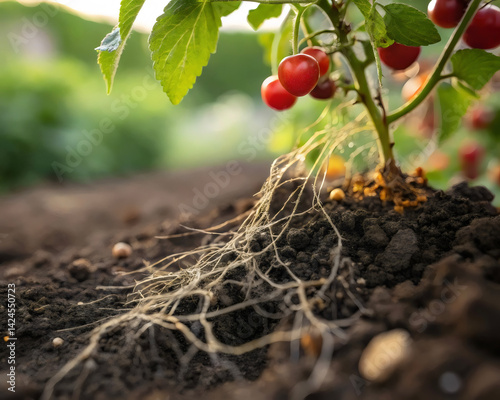Close up of a young cherry tomato plant with ripe red fruits growing in rich soil, illustrating the roots and leaves, ideal for gardening, agriculture, and organic farming concepts.