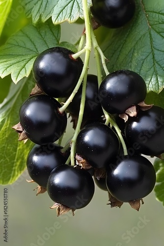 Juicy Blackcurrants Hanging on Branch Closeup