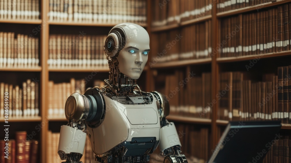 Fototapeta premium Robot Judge in a Law Library Setting