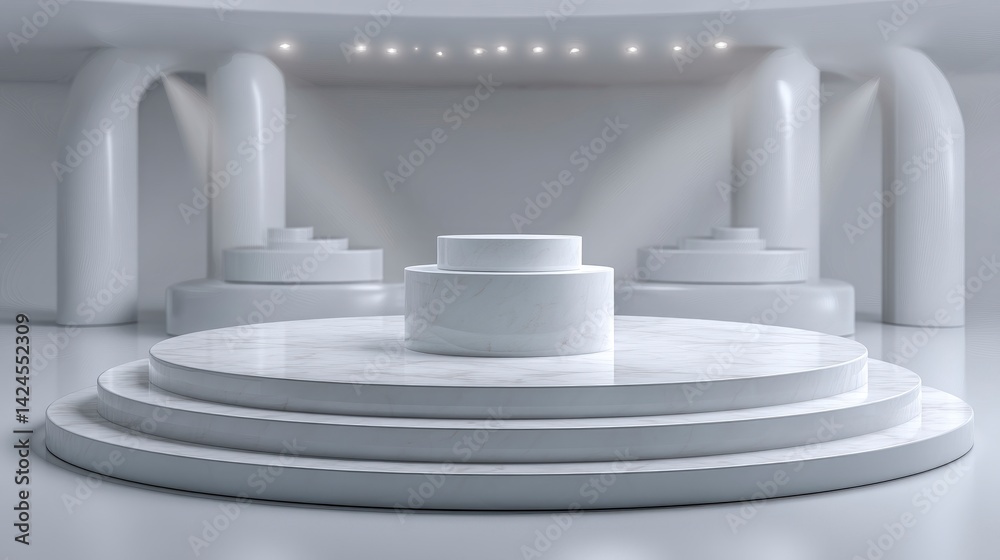 Fototapeta premium Elegant Marble Platform: Minimalist White Display with Cylindrical Elements
