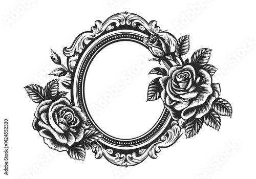 Classic vintage engraving-style floral frame with roses and leaves as an ornamental border design
