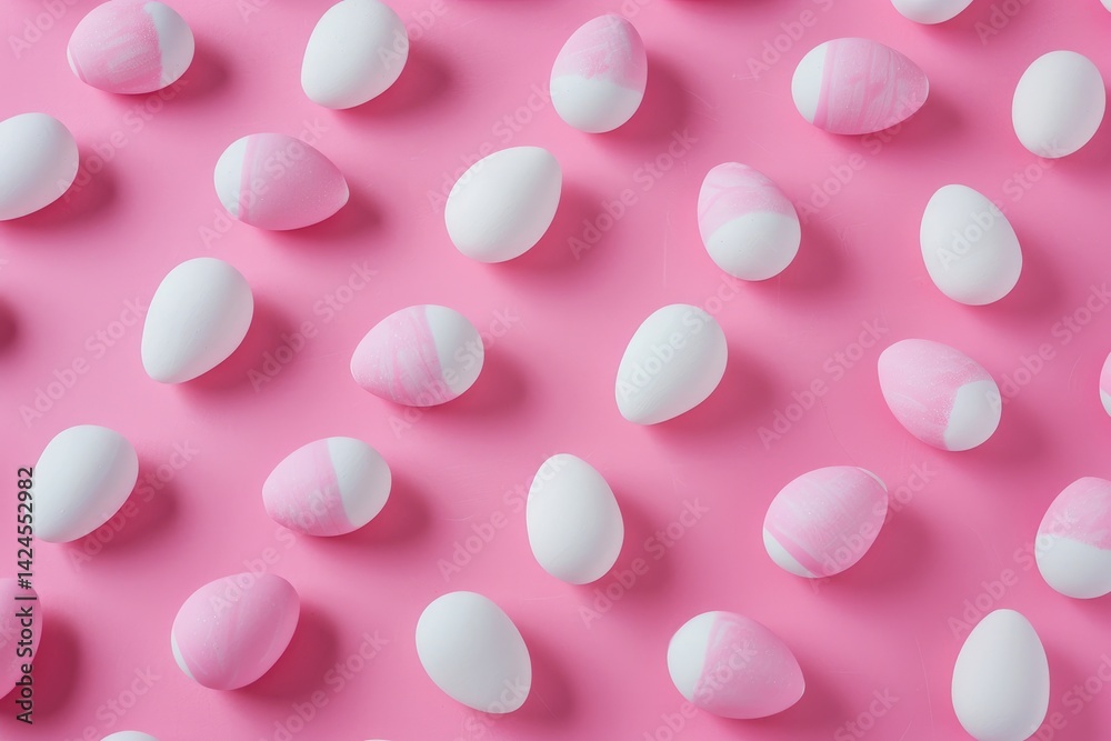 A row of eggs with white and pink paint on them A row of eggs with white and pink paint on them