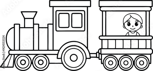 Black outline train with transparent background and child in the train car