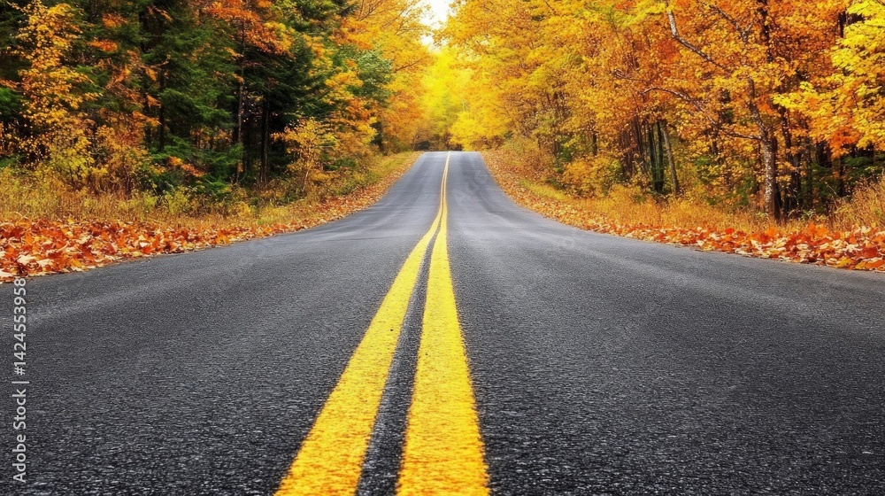 Fototapeta premium Serene Autumn Roadway Surrounded by Lush Countryside Foliage