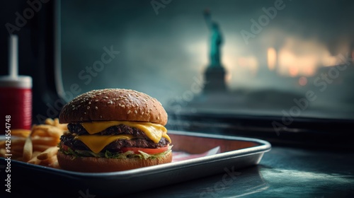 Smoky, post-apocalyptic burger and fries in a metallic tray.