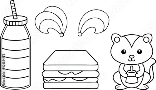 Outline of squirrel with juice bottle, sandwich, and leaves on transparent