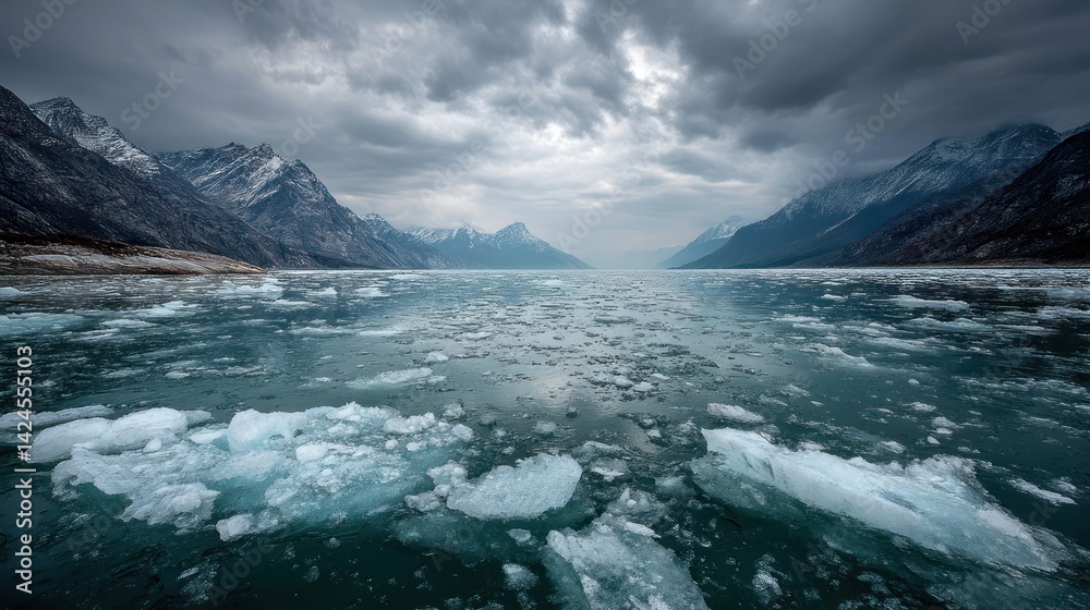Fototapeta premium Frozen lake reflects stormy mountain sky.