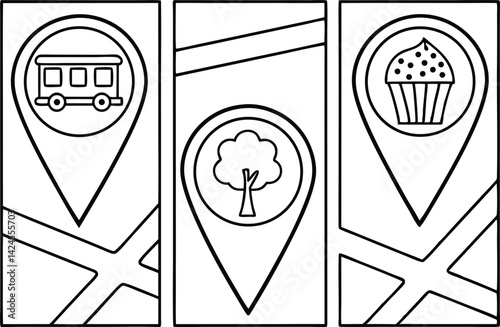 Map Pointer Icon Bus, Tree, Cupcake on Street Map in Black Outline