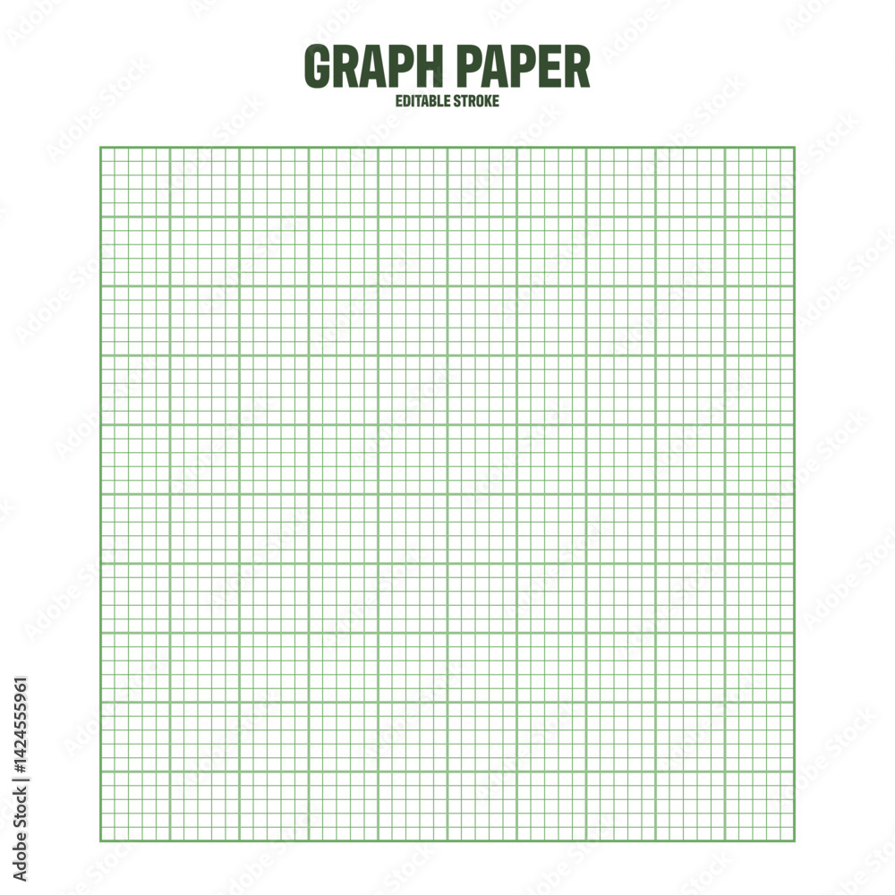 Sheet of graph paper with grid. Millimeter paper texture, geometric pattern. Green lined blank for drawing, studying, technical engineering or scale measurement. Vector illustration