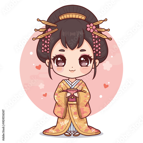 Cute chibi geisha character, kawaii vector style with oversized head, simplified kimono patterns, and blushing cheeks, holding tea cup