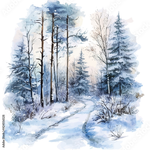 Winter forest with a trail leading into the distance, watercolor illustration, isolated on a white background.

