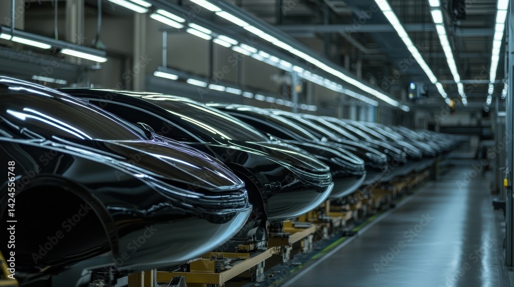 Fototapeta premium Picture of an auto assembly line. Welding the vehicle body. State-of-the-art car production facility. Automobile industry.